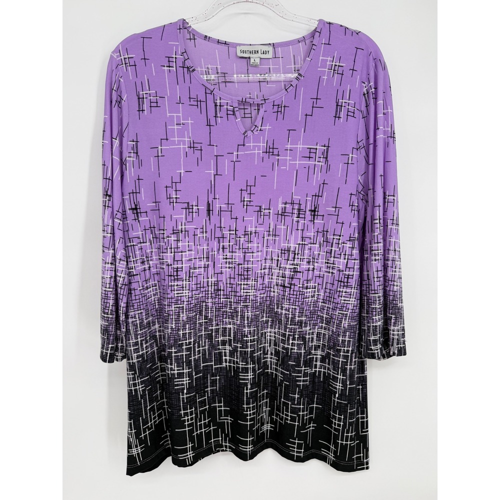 Southern Lady Purple Black Ombre Geometric Grid 3/4 Sleeve Tunic Top Sz L